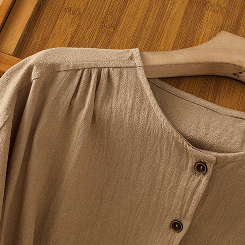 Camicia da donna in cotone e lino con maniche corte, casual, semplice, con bottoni e tasca , Buddha Stones - image 29