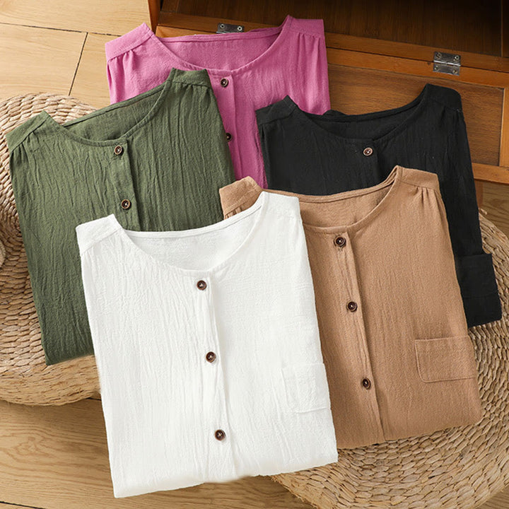 Camicia da donna in cotone e lino con maniche corte, casual, semplice, con bottoni e tasca , Buddha Stones - image 41