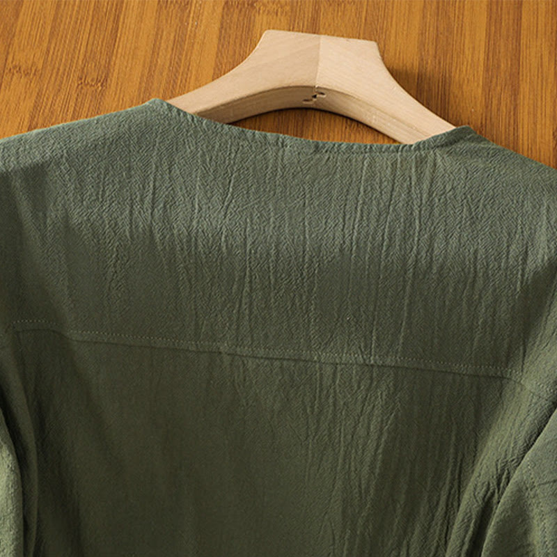 Camicia da donna in cotone e lino con maniche corte, casual, semplice, con bottoni e tasca , Buddha Stones - image 3