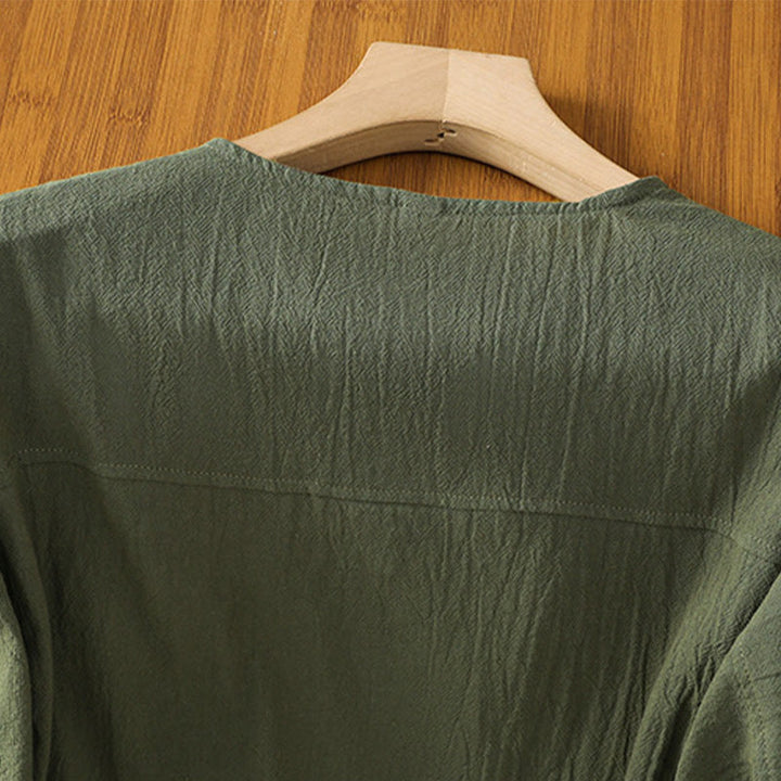 Camicia da donna in cotone e lino con maniche corte, casual, semplice, con bottoni e tasca , Buddha Stones - image 3