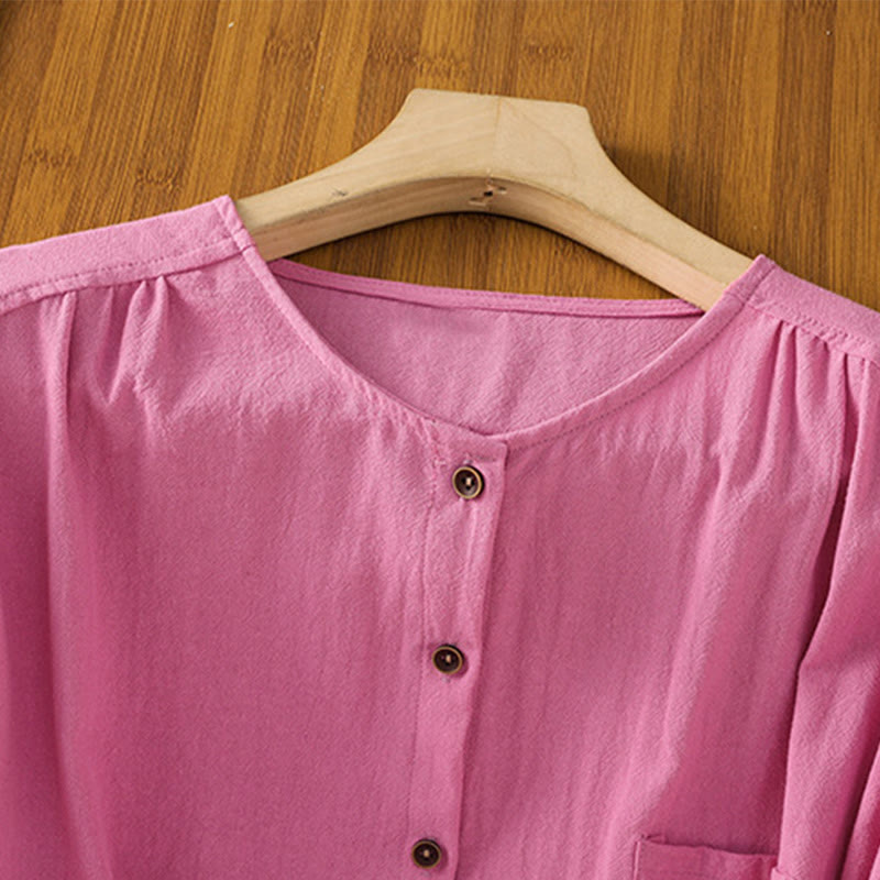 Camicia da donna in cotone e lino con maniche corte, casual, semplice, con bottoni e tasca , Buddha Stones - image 37