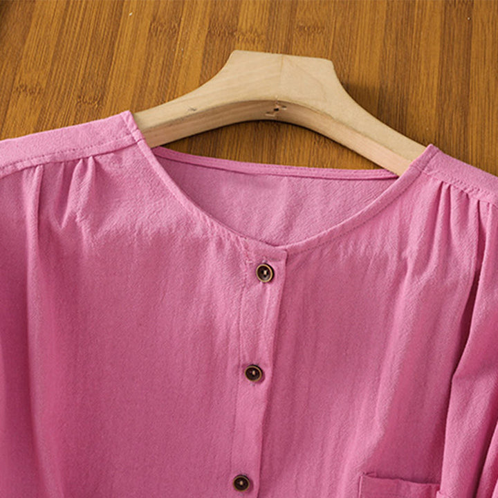 Camicia da donna in cotone e lino con maniche corte, casual, semplice, con bottoni e tasca , Buddha Stones - image 37