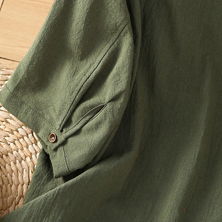 Camicia da donna in cotone e lino con maniche corte, casual, semplice, con bottoni e tasca , Buddha Stones - image 7