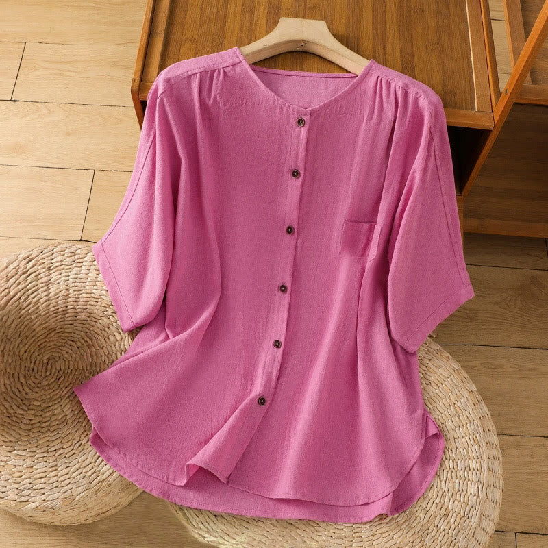 Camicia da donna in cotone e lino con maniche corte, casual, semplice, con bottoni e tasca , Buddha Stones - Rosa intenso - US8-10, UK/AU12-14, EU40-42 (2XL) - image 35