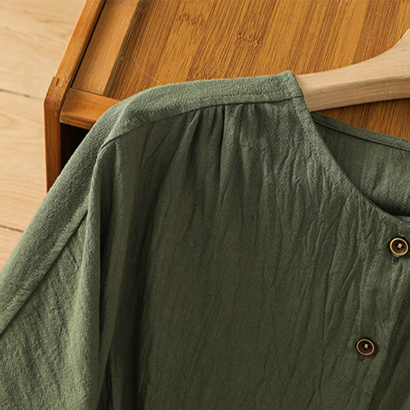 Camicia da donna in cotone e lino con maniche corte, casual, semplice, con bottoni e tasca , Buddha Stones - image 4