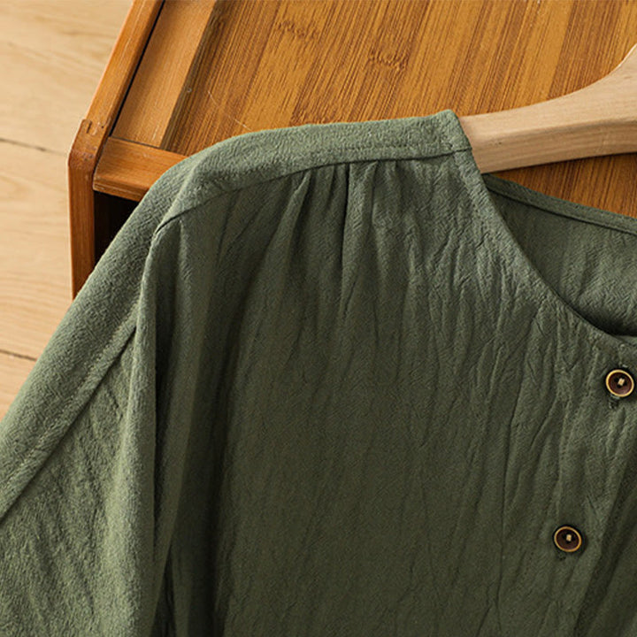 Camicia da donna in cotone e lino con maniche corte, casual, semplice, con bottoni e tasca , Buddha Stones - image 4