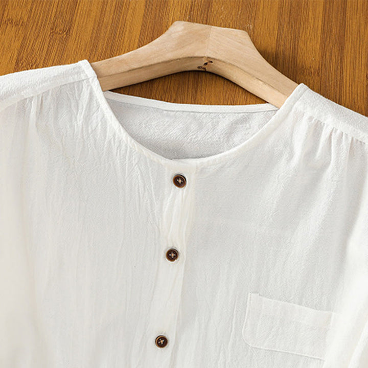 Camicia da donna in cotone e lino con maniche corte, casual, semplice, con bottoni e tasca , Buddha Stones - image 20