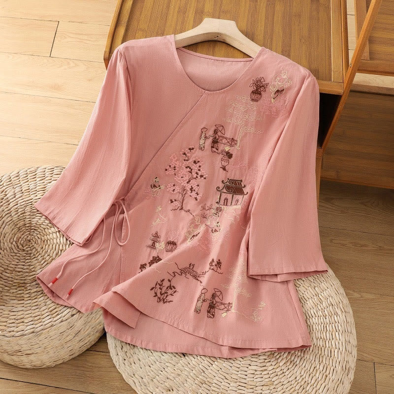 Maglietta da donna in cotone e lino con maniche a tre quarti, ricamo retrò con Buddha Stones e lacci - Salmone - US12, UK/AU16, EU44 (2XL) - image 8