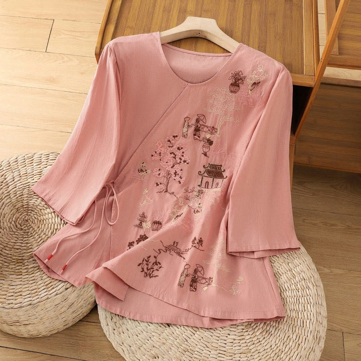 Maglietta da donna in cotone e lino con maniche a tre quarti, ricamo retrò con Buddha Stones e lacci - Salmone - US12, UK/AU16, EU44 (2XL) - image 8