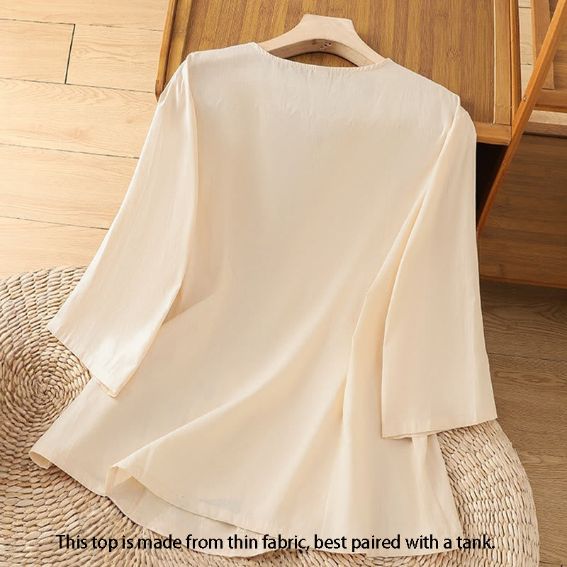 Maglietta da donna in cotone e lino con maniche a tre quarti, ricamo retrò con Buddha Stones e lacci - image 1