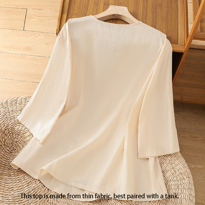 Maglietta da donna in cotone e lino con maniche a tre quarti, ricamo retrò con Buddha Stones e lacci - image 1