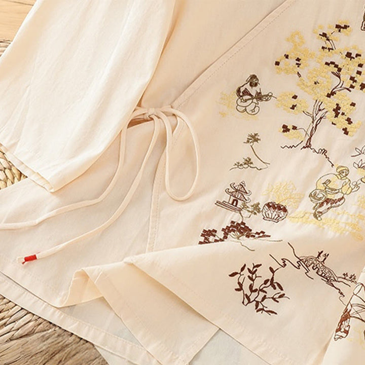 Maglietta da donna in cotone e lino con maniche a tre quarti, ricamo retrò con Buddha Stones e lacci - image 5