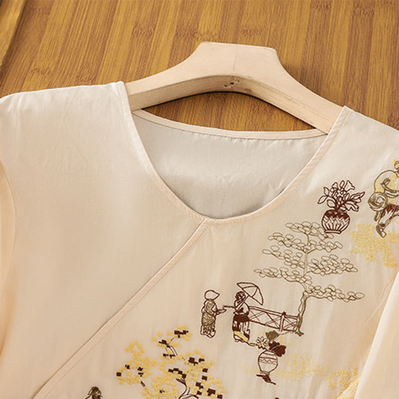 Maglietta da donna in cotone e lino con maniche a tre quarti, ricamo retrò con Buddha Stones e lacci - image 2