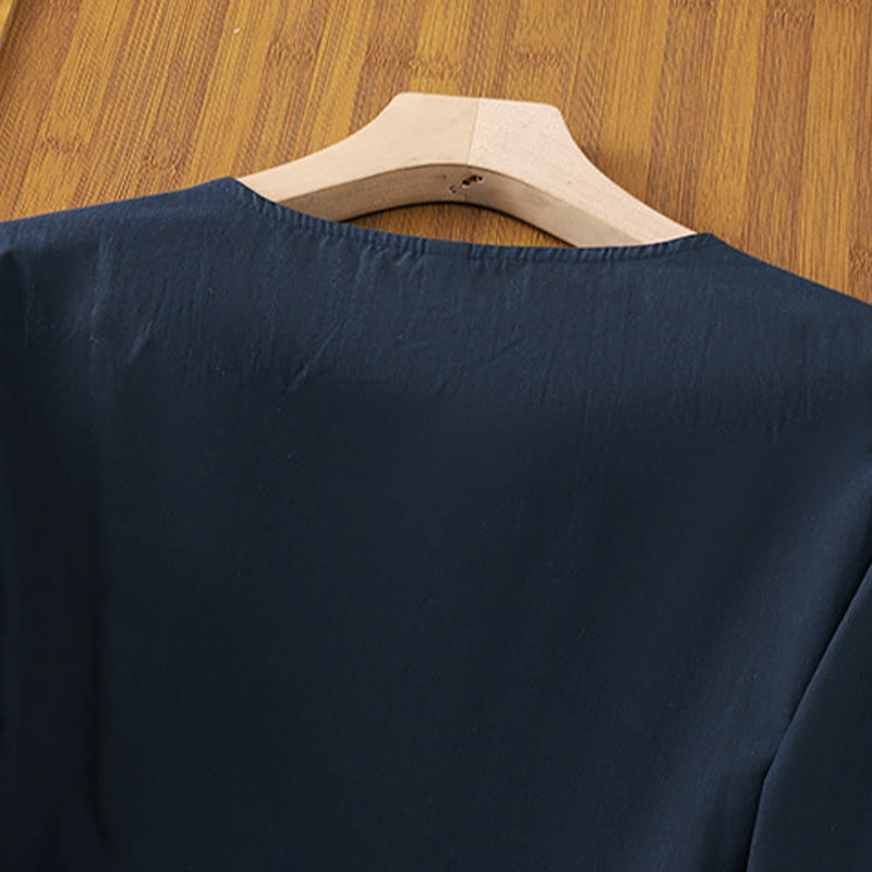 Maglietta da donna in cotone e lino con maniche a tre quarti, ricamo retrò con Buddha Stones e lacci - image 18