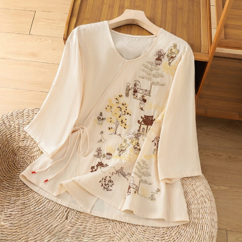 Maglietta da donna in cotone e lino con maniche a tre quarti, ricamo retrò con Buddha Stones e lacci - LemonChiffon - US12, UK/AU16, EU44 (2XL) - image 0