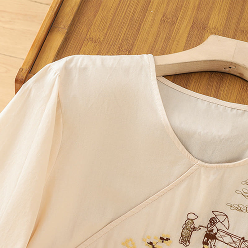 Maglietta da donna in cotone e lino con maniche a tre quarti, ricamo retrò con Buddha Stones e lacci - image 3