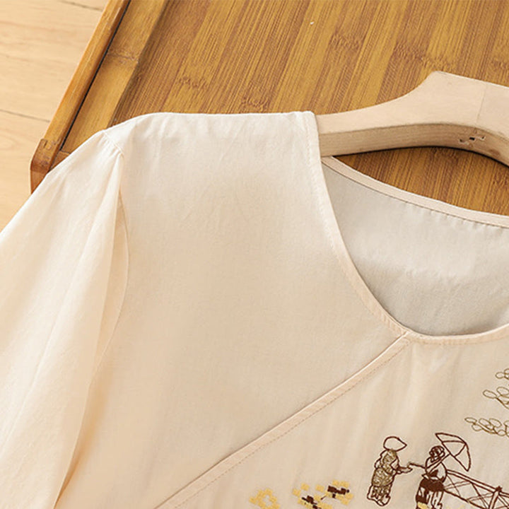 Maglietta da donna in cotone e lino con maniche a tre quarti, ricamo retrò con Buddha Stones e lacci - image 3