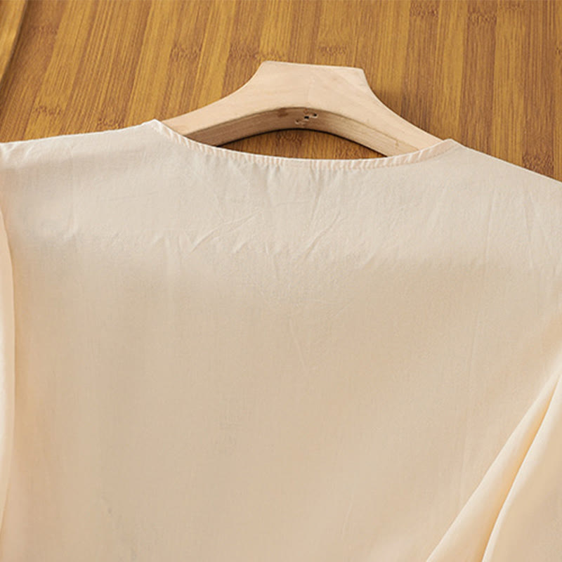 Maglietta da donna in cotone e lino con maniche a tre quarti, ricamo retrò con Buddha Stones e lacci - image 4