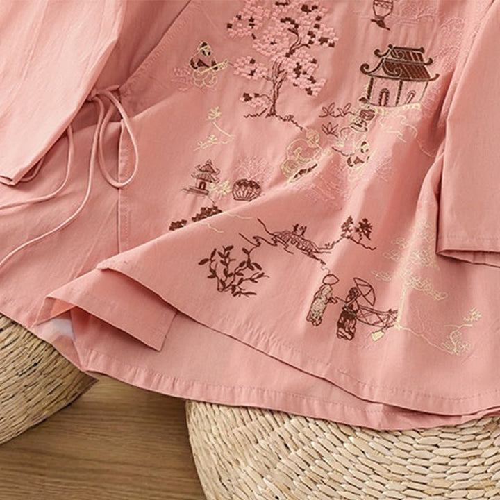 Maglietta da donna in cotone e lino con maniche a tre quarti, ricamo retrò con Buddha Stones e lacci - image 13