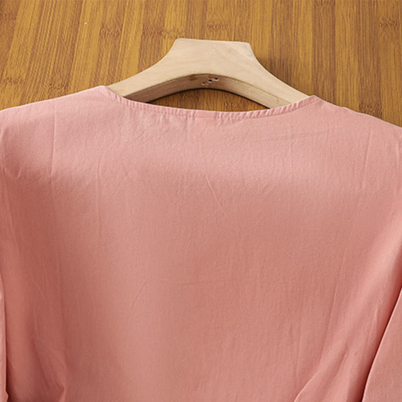 Maglietta da donna in cotone e lino con maniche a tre quarti, ricamo retrò con Buddha Stones e lacci - image 11