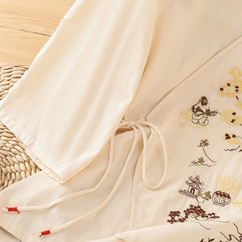 Maglietta da donna in cotone e lino con maniche a tre quarti, ricamo retrò con Buddha Stones e lacci - image 6