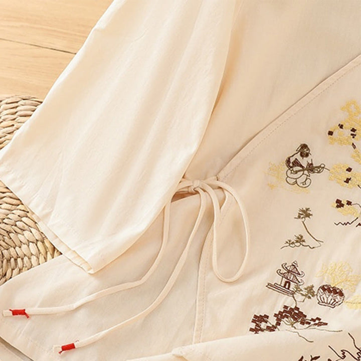 Maglietta da donna in cotone e lino con maniche a tre quarti, ricamo retrò con Buddha Stones e lacci - image 6