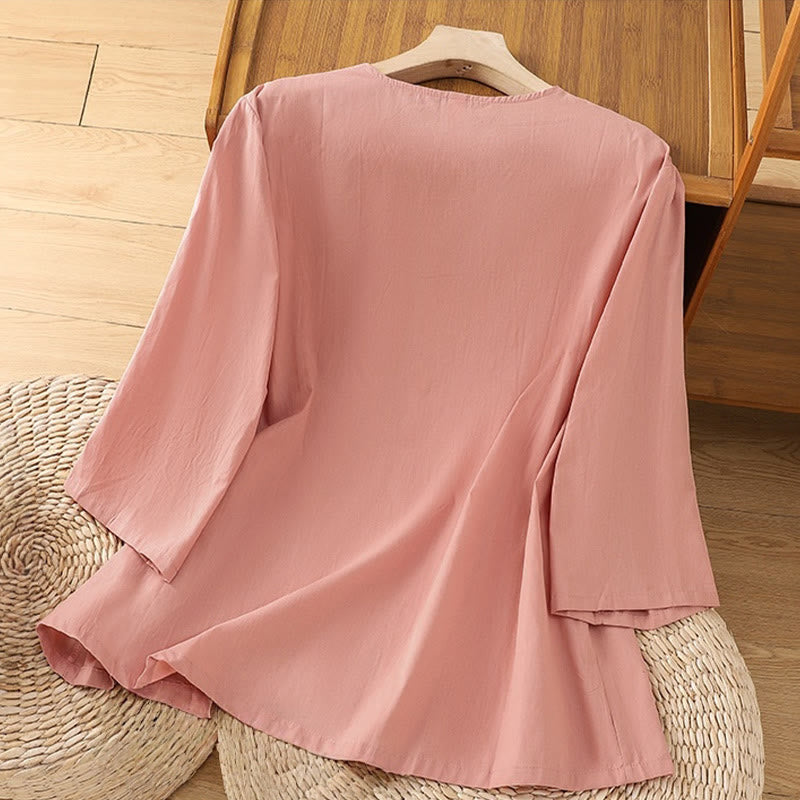 Maglietta da donna in cotone e lino con maniche a tre quarti, ricamo retrò con Buddha Stones e lacci - image 9