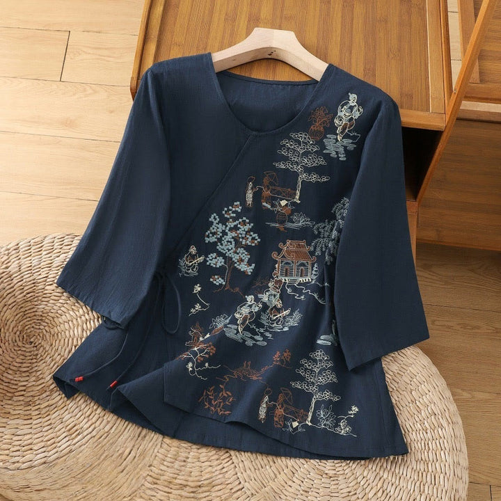 Maglietta da donna in cotone e lino con maniche a tre quarti, ricamo retrò con Buddha Stones e lacci - Blu notte - US12, UK/AU16, EU44 (2XL) - image 14