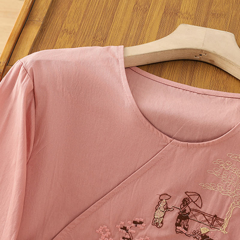 Maglietta da donna in cotone e lino con maniche a tre quarti, ricamo retrò con Buddha Stones e lacci - image 10