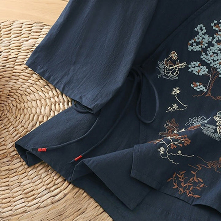 Maglietta da donna in cotone e lino con maniche a tre quarti, ricamo retrò con Buddha Stones e lacci - image 19