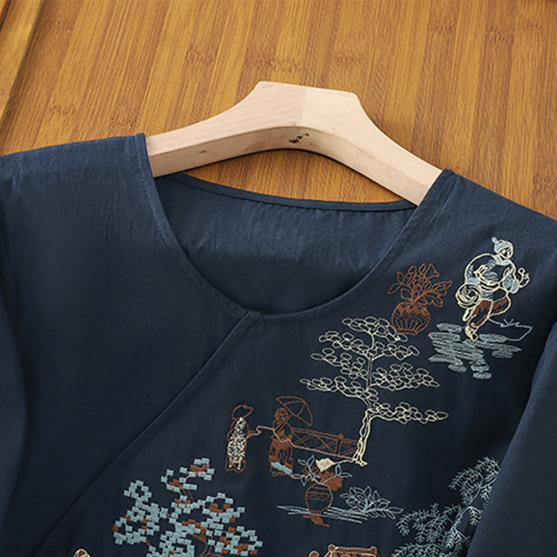 Maglietta da donna in cotone e lino con maniche a tre quarti, ricamo retrò con Buddha Stones e lacci - image 16