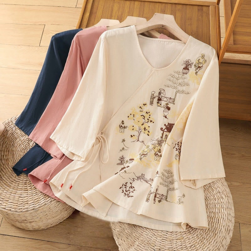 Maglietta da donna in cotone e lino con maniche a tre quarti, ricamo retrò con Buddha Stones e lacci - image 22