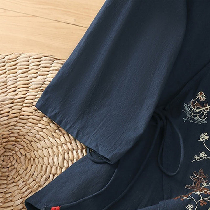 Maglietta da donna in cotone e lino con maniche a tre quarti, ricamo retrò con Buddha Stones e lacci - image 20