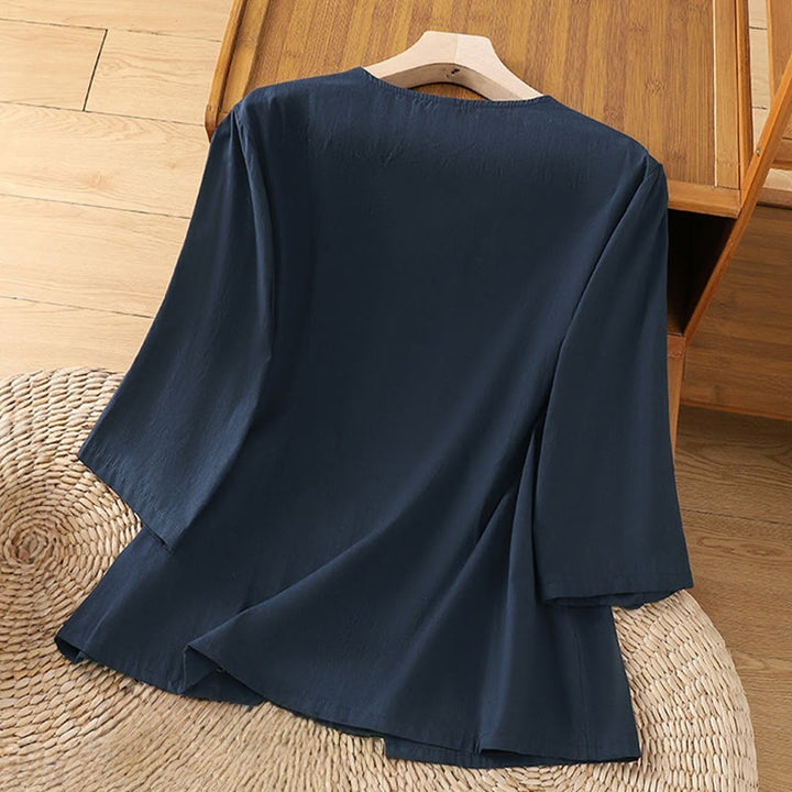 Maglietta da donna in cotone e lino con maniche a tre quarti, ricamo retrò con Buddha Stones e lacci - image 15