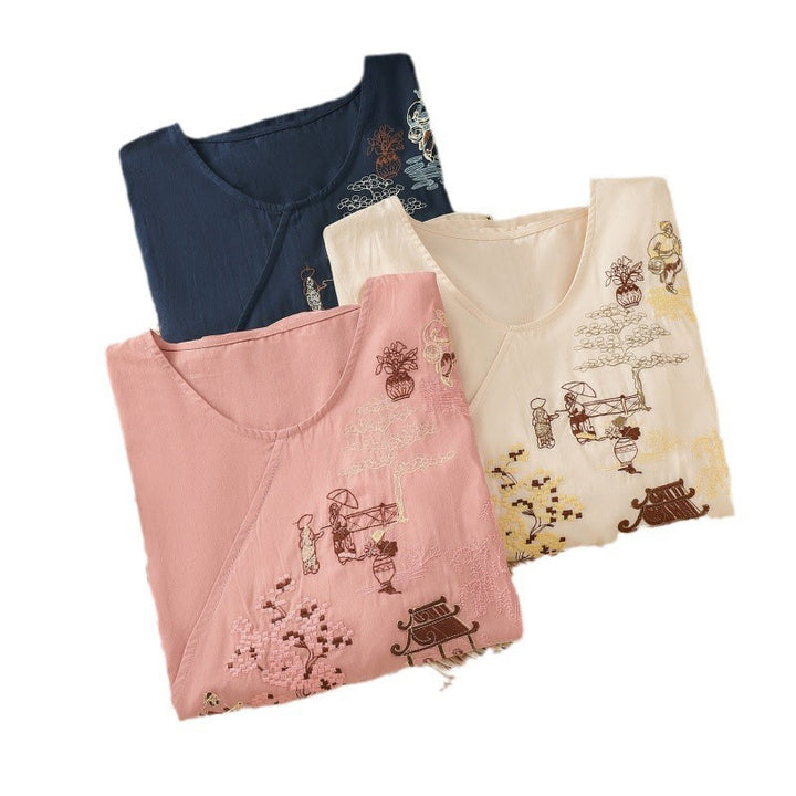 Maglietta da donna in cotone e lino con maniche a tre quarti, ricamo retrò con Buddha Stones e lacci - image 23