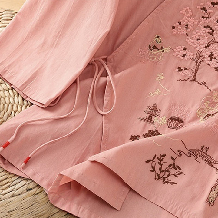 Maglietta da donna in cotone e lino con maniche a tre quarti, ricamo retrò con Buddha Stones e lacci - image 12