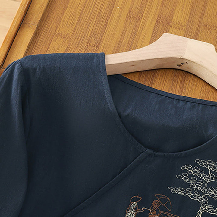 Maglietta da donna in cotone e lino con maniche a tre quarti, ricamo retrò con Buddha Stones e lacci - image 17