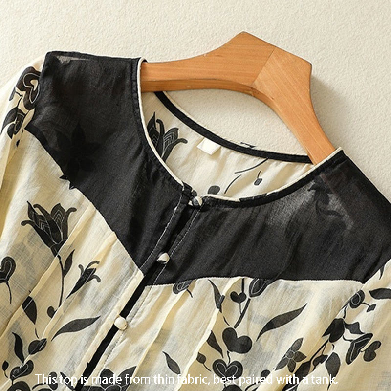 Camicia da donna a mezza manica con stampa Buddha Stones e bottoni floreali a contrasto di colore - image 2