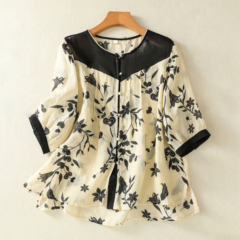 Camicia da donna a mezza manica con stampa Buddha Stones e bottoni floreali a contrasto di colore - Nero - US8-10, UK/AU12-14, EU40-42 (2XL) - image 1