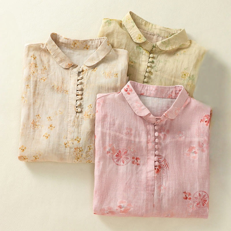 Buddha Stones Camicia da donna in cotone con maniche corte, bottoni a rana e risvolto - image 23