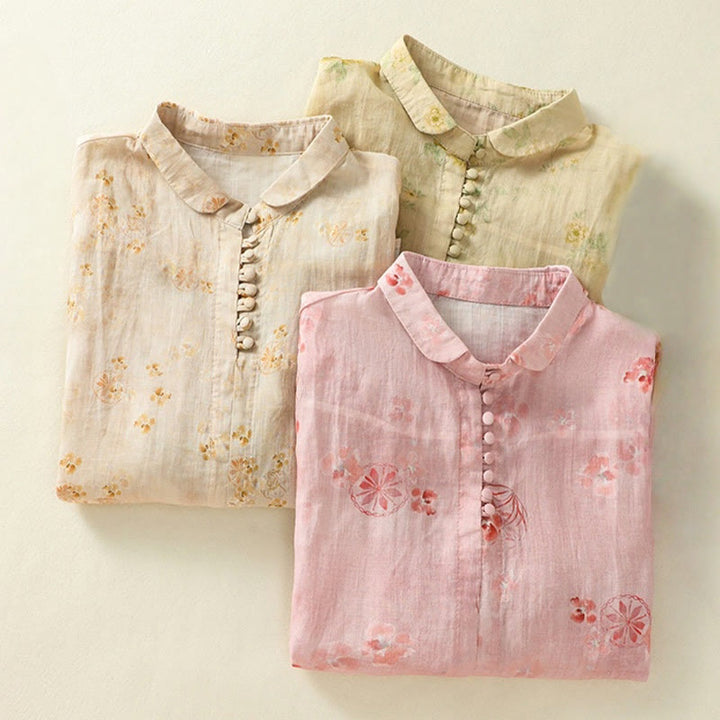 Buddha Stones Camicia da donna in cotone con maniche corte, bottoni a rana e risvolto - image 23