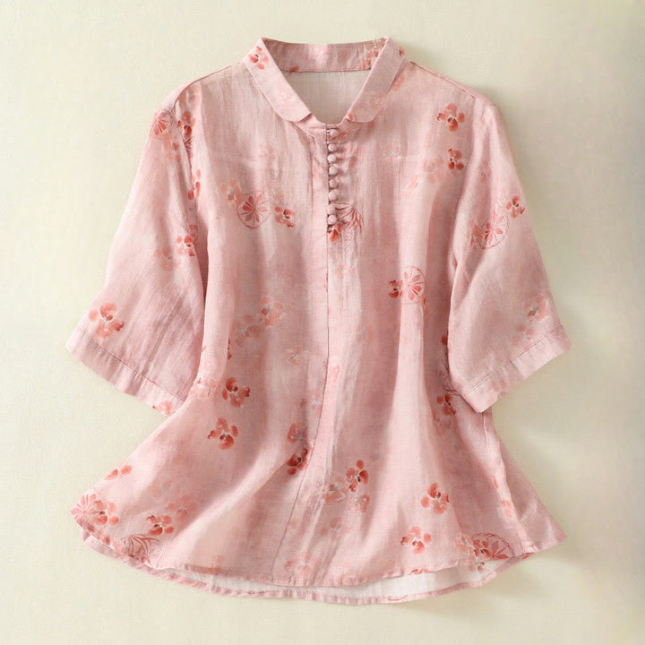 Buddha Stones Camicia da donna in cotone con maniche corte, bottoni a rana e risvolto - Corallo chiaro - US8-10, UK/AU12-14, EU40-42 (2XL) - image 0