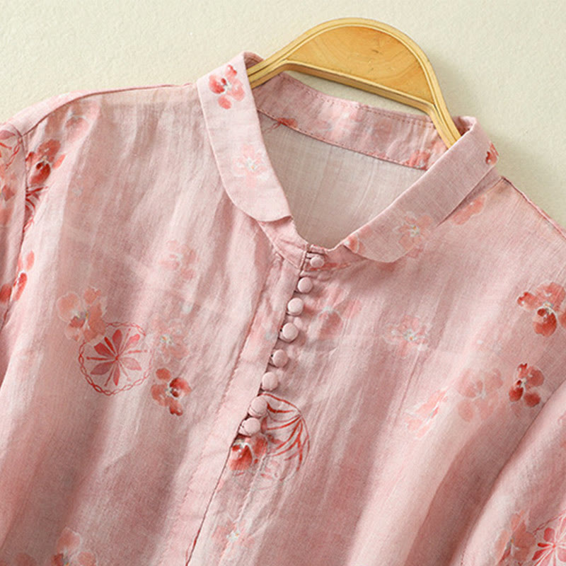 Buddha Stones Camicia da donna in cotone con maniche corte, bottoni a rana e risvolto - image 2