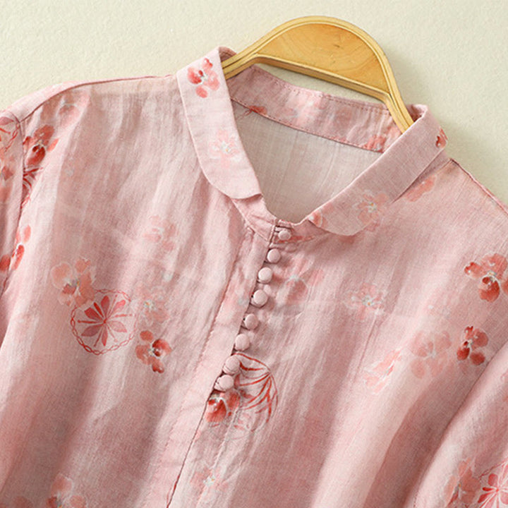 Buddha Stones Camicia da donna in cotone con maniche corte, bottoni a rana e risvolto - image 2