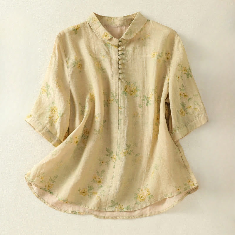 Buddha Stones Camicia da donna in cotone con maniche corte, bottoni a rana e risvolto - Cachi - US8-10, UK/AU12-14, EU40-42 (2XL) - image 16