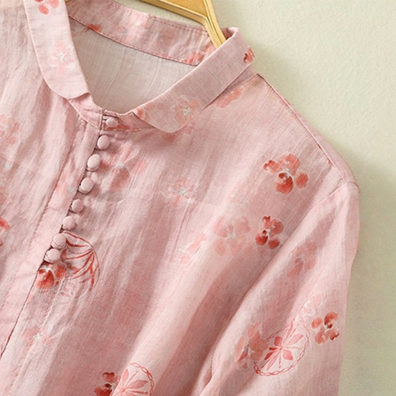 Buddha Stones Camicia da donna in cotone con maniche corte, bottoni a rana e risvolto - image 3