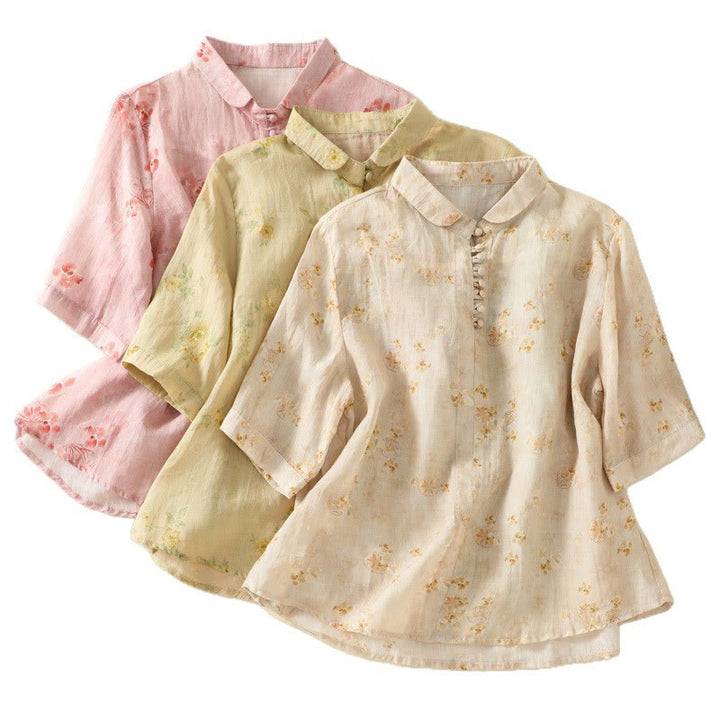 Buddha Stones Camicia da donna in cotone con maniche corte, bottoni a rana e risvolto - image 24