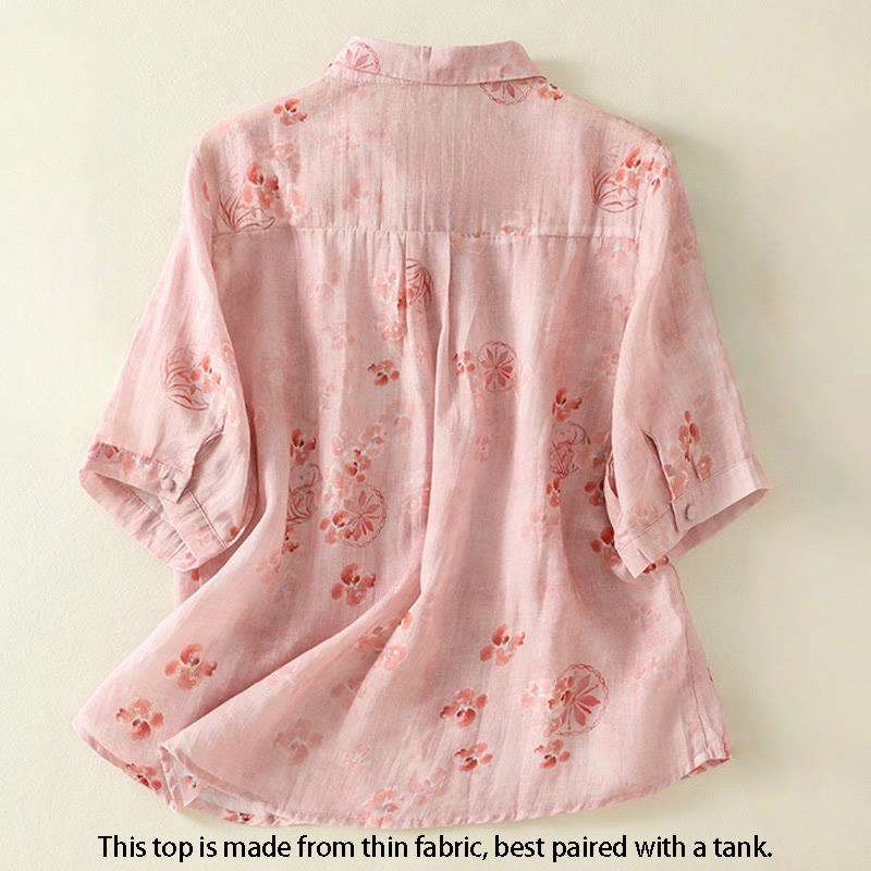 Buddha Stones Camicia da donna in cotone con maniche corte, bottoni a rana e risvolto - image 1