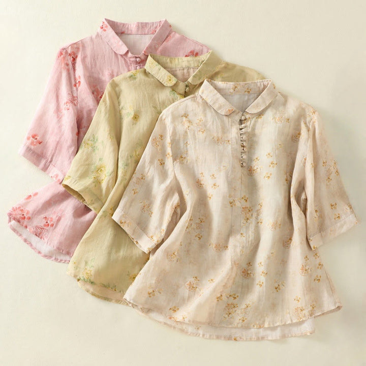 Buddha Stones Camicia da donna in cotone con maniche corte, bottoni a rana e risvolto - image 22