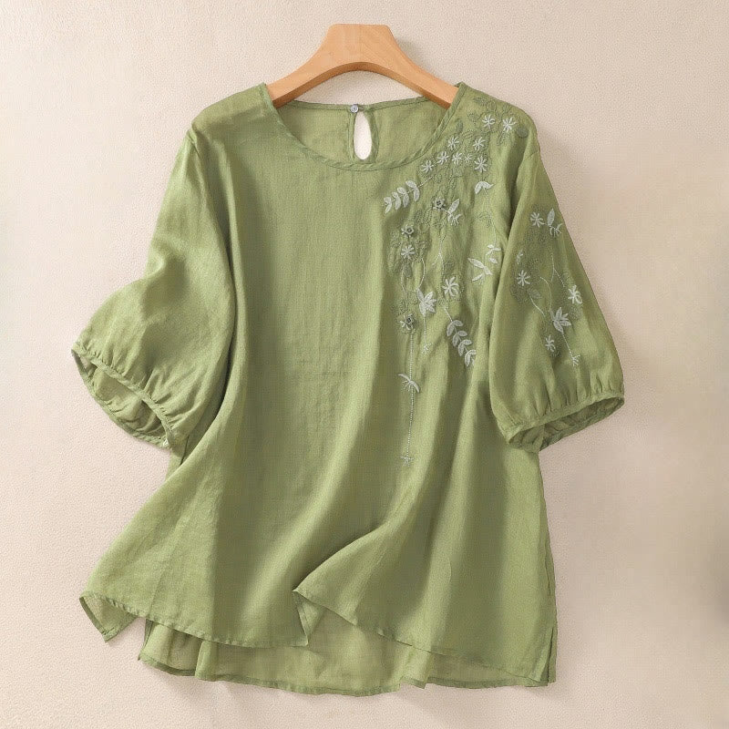 Maglietta da donna in cotone e lino con mezza manica, ricamo Buddha Stones, orlo floreale e spacco - Verde lime - US14, UK/AU18, EU46 (2XL) - image 1